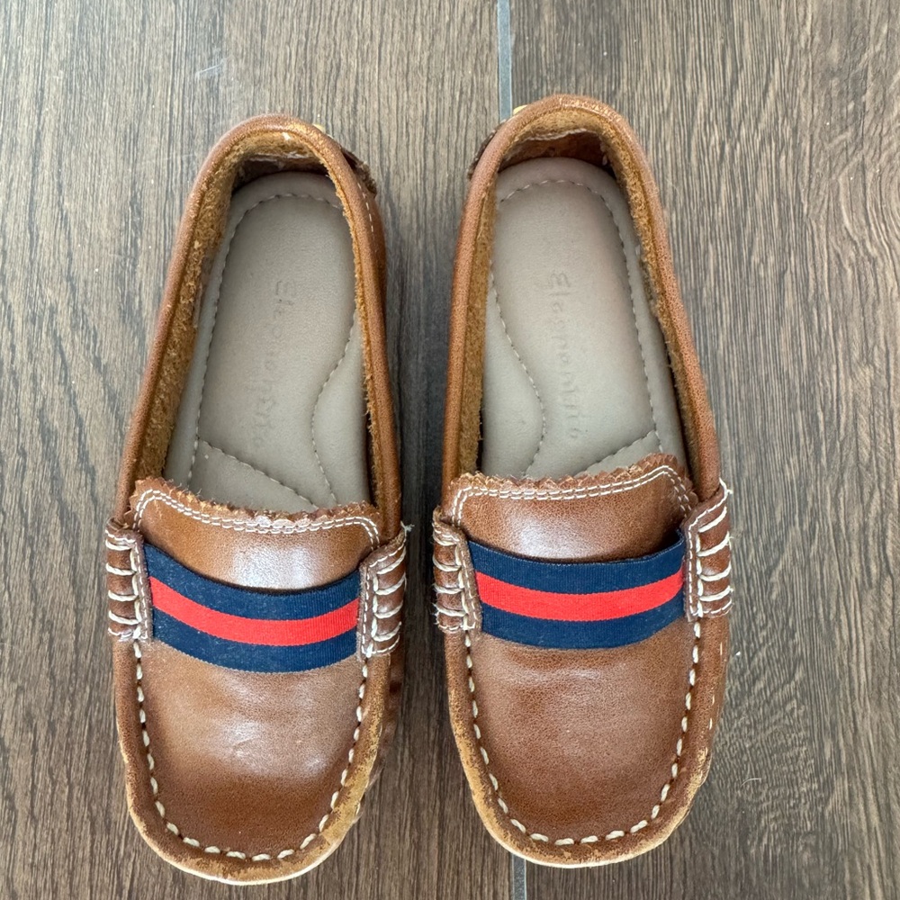 Brown Kids Leather Moccasin Loafers with Red & Navy Stripe - Picture 2 of 3